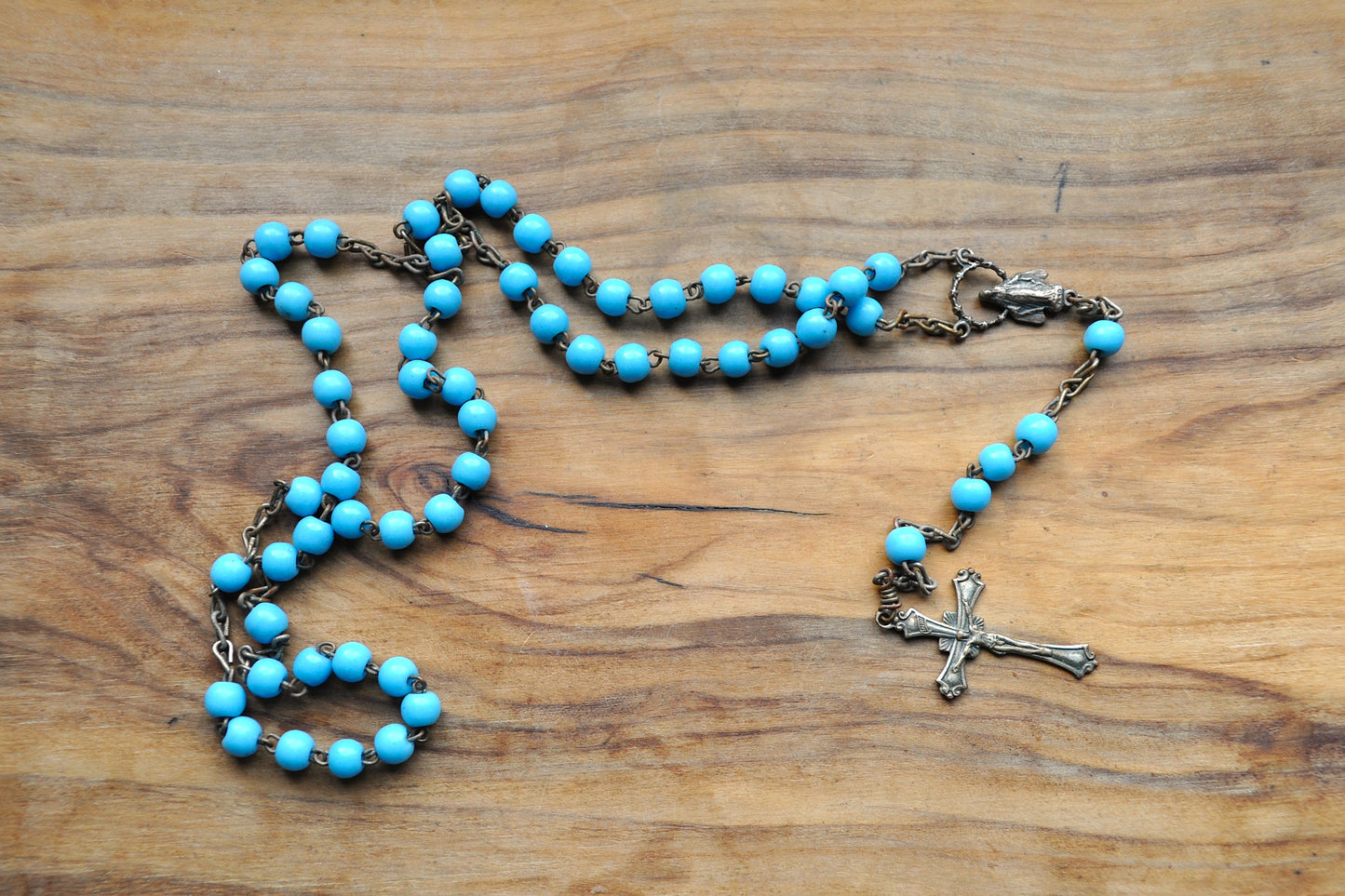 Vintage Small Blue Blue Powder Bead Rosary - HMH Religious Rosary - Crucifix Pendant - Virgin Mary Charm