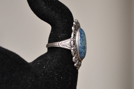 Rare Uncus Sterling Silver Blue Apatite Studded Oval Dome Ring - Size 7 - Stamped Sterling - Native American Design