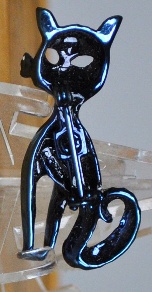 Vintage 70's Iridescent Chromatic Black Enamel Sitting Cat Pin
