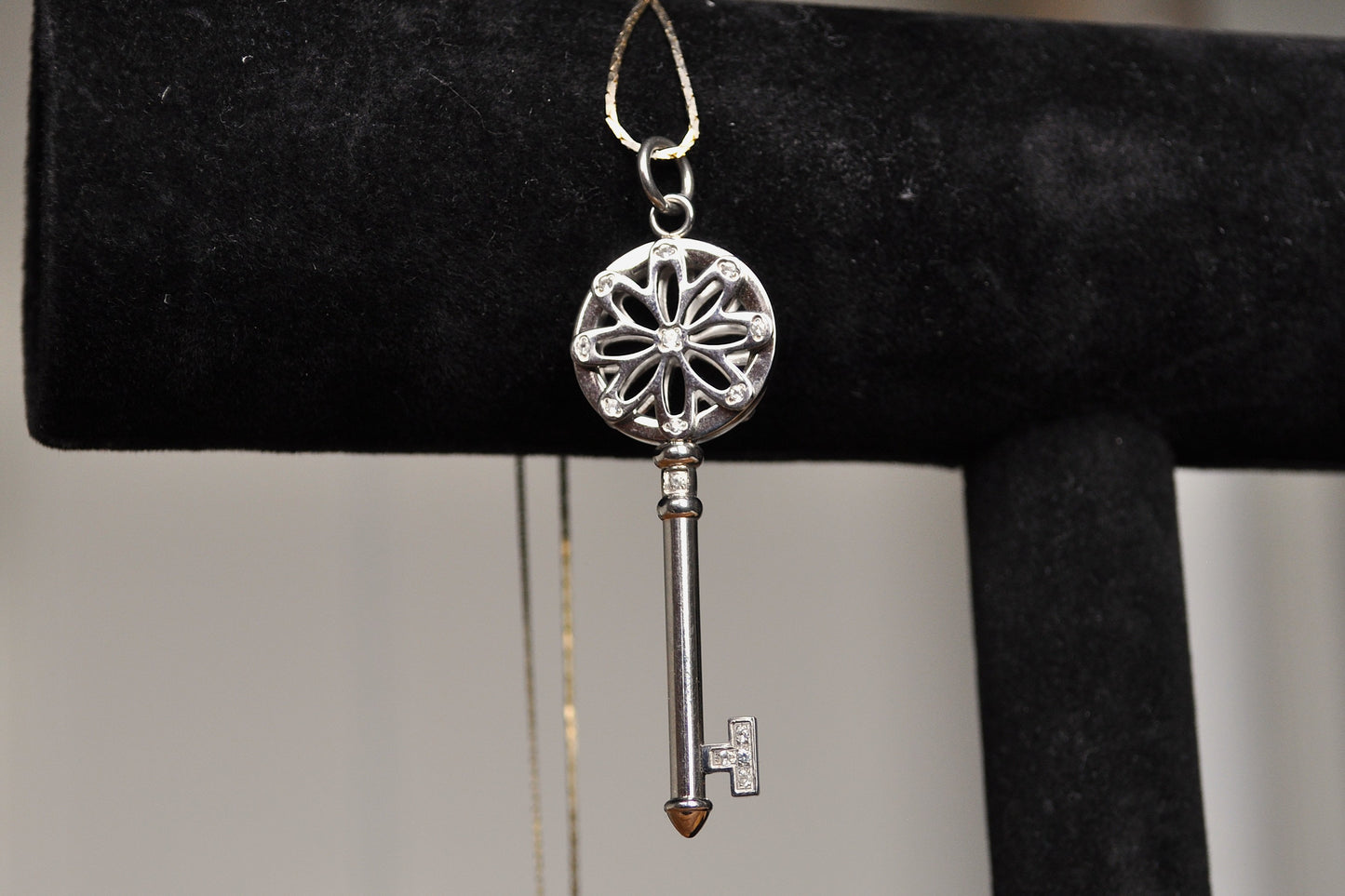 Scarce Stainless Steel Key to Success Pendant Necklace - 18 Inches - Studded Rhinestones