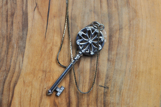 Scarce Stainless Steel Key to Success Pendant Necklace - 18 Inches - Studded Rhinestones