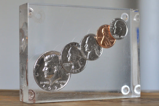 Awesome Coin Filled Lucite Paperweight - Arranged by Size - Kennedy Half Dollar to Roosevelt Dime - 0.75 Inches Thick