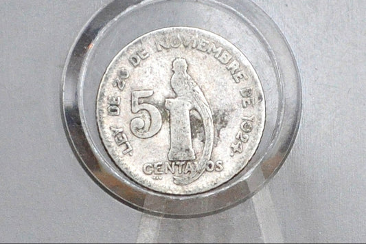 Rarer 1925 Silver Guatemala 5 Centavos - Great Condition - Republic of Guatemala Coin - Guatemala Quetzal -