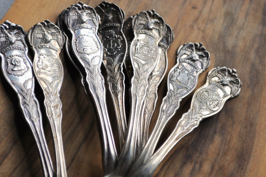 State Spoons! Large Lot of Antique Silverplated State Spoons - WM Rogers & Sons Spoons - Eagle Atop Spoon