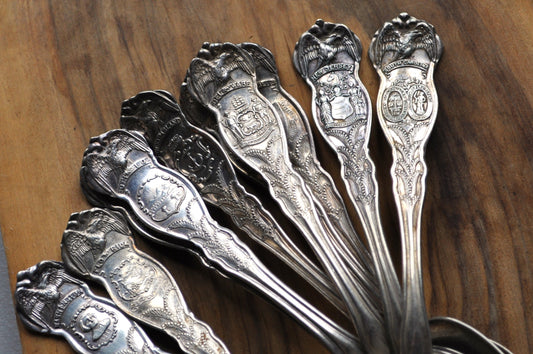State Spoons! Large Lot of Antique Silverplated State Spoons - WM Rogers & Sons Spoons - Eagle Atop Spoon