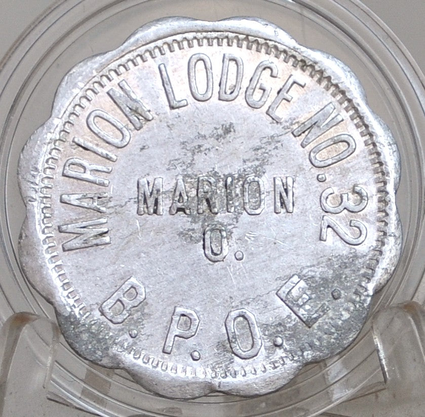 Good For 5 Cents In Trade, Marion Lodge NO. 32 B.P.O.E. - Benevolent Protective Order of Elks Five Cent Trade Token