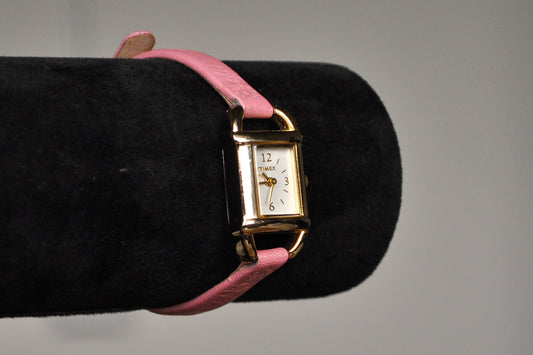 Beautiful Gold Tone Timex Analog Watch - Pink Floral Genuine Leather Watch - Working!