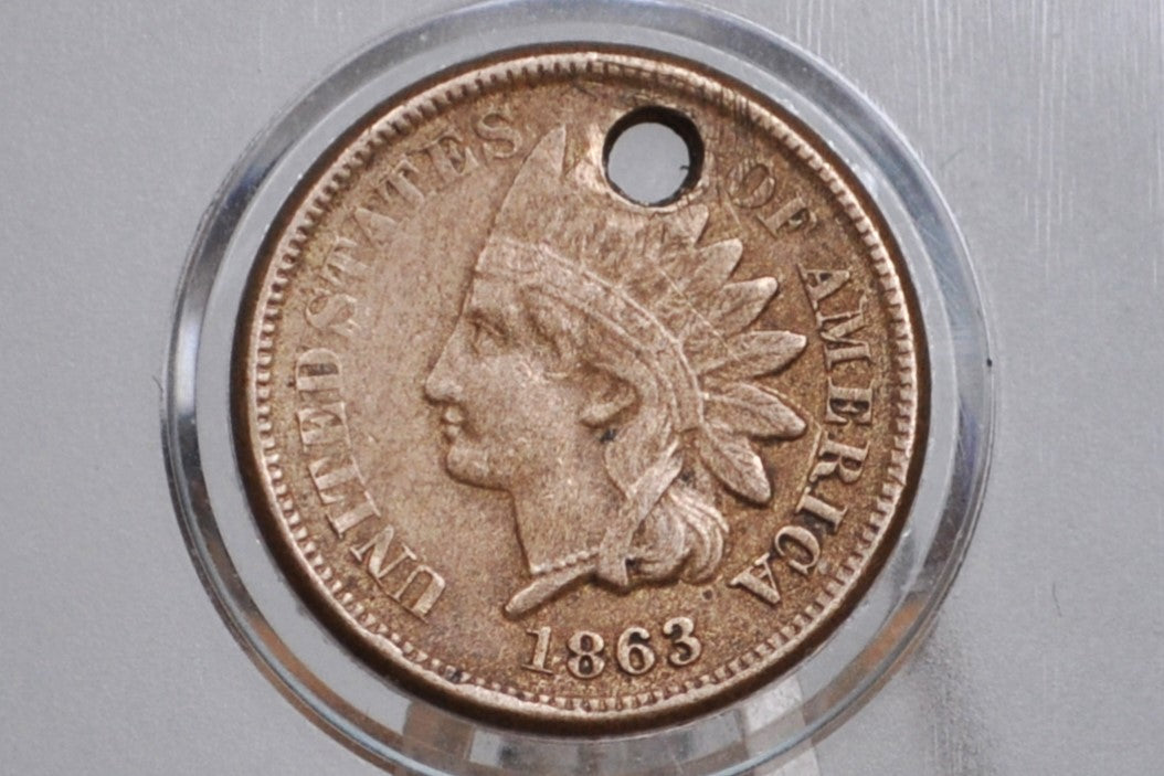 1863 Indian Head Penny - Great Details, Holed - 1863 Cent Indian Head 1863 Damage Coin / Discount Coin