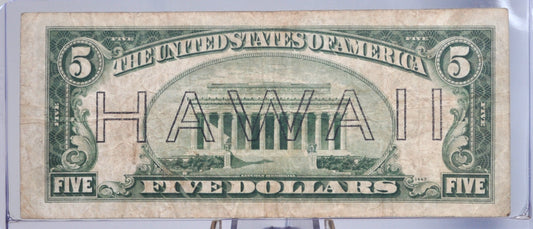 1934 5 Dollar Hawaii Overprint FRN - VF (Very Fine) Grade - 1935 Hawaii Five Dollar Brown Seal - 1934 Hawaii Overprint Fr2302