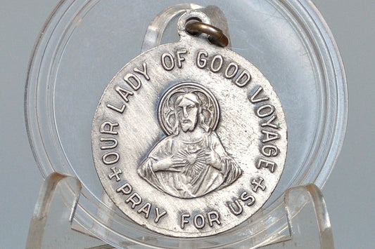 Vintage Our Lady of Good Voyage Pendant - Sacred Heart of Jesus Charm - Miraculous Medal Virgin Mary Medal