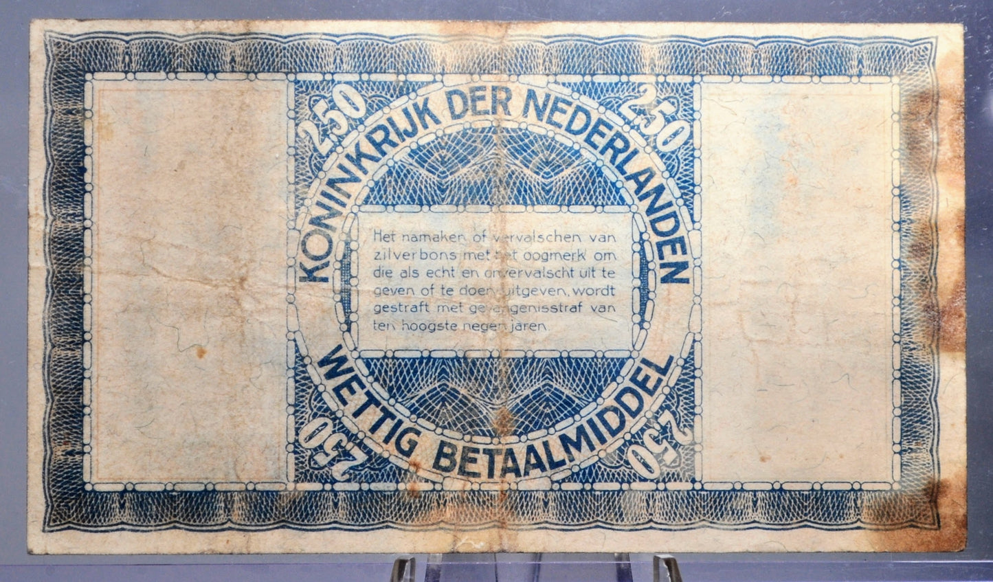 1938 Netherlands Zilverbon 2.50 Gulden Note - Silver Certificate - Rare Denomination - 1938 Netherlands Two and a Half Gulden Note - P#62