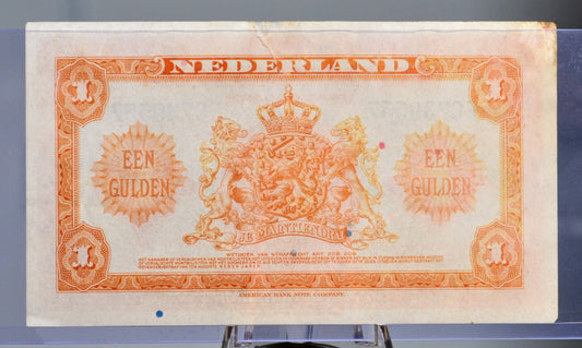 1943 Netherlands 1 Gulden Banknote - Rarer Left Facing Portrait - Muntbiljet Issue - WWII Era Netherlands One Gulden Note 1943 - P#64