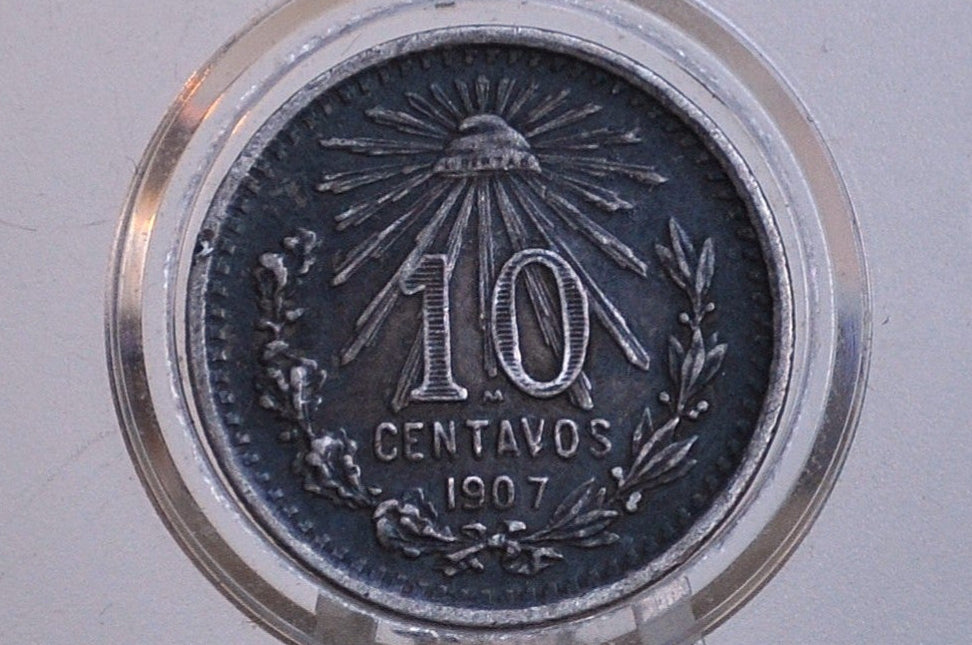 Silver 1907 Mexican 10 Centavos - XF, Great Condition - Mexico City Mint - Mexican Coins - 1900s Mexico - Beautiful Coin -