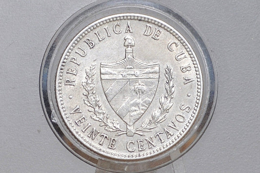 Rarer Silver 1948 Cuba Viente Centavos - XF/AU Condition - First Republic of Cuba - Cuban Coins