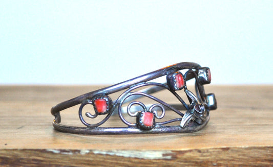 Sterling Silver Native Southwest Floral Coral Cuff Bracelet - Stamped and Tested Sterling Silver - Zuni Bracelets