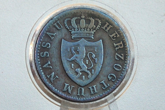 Rarer 1856 German States 1 Kreuzer - Duchy of Nassau - Fine+ Grade - Duke Adolphus - Only 300k Minted -