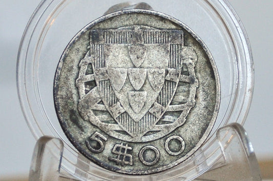 1943 Portuguese Silver 5 Escudos Portugal - Great Condition - Scarce and Great Year, Beautiful Design - Republica Portugesa Five Escudos 1943 -