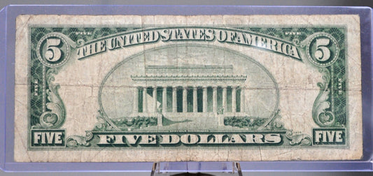 1934-B Federal Reserve 5 Dollar Note - Boston (A) Bank Issue - Fine (F) Grade - 1934 B Series US Five Dollar Banknote - Fr.1958A