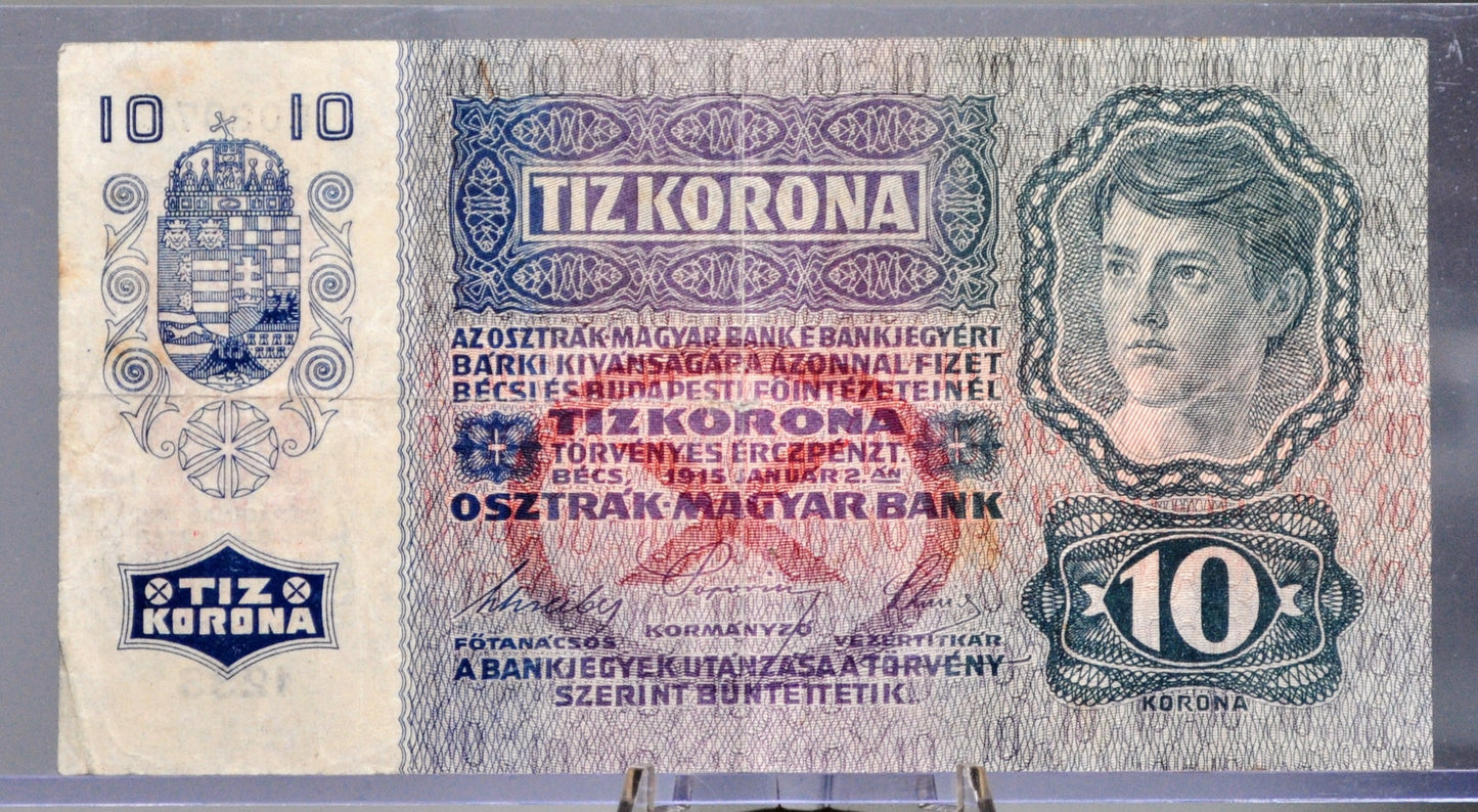1915 (1919) Austria-Hungary 10 Kronen Note - WWI Austria-Hungary Note with 1919 Austria Stamp - 1919 Austrian Ten Krone Banknote - P#51