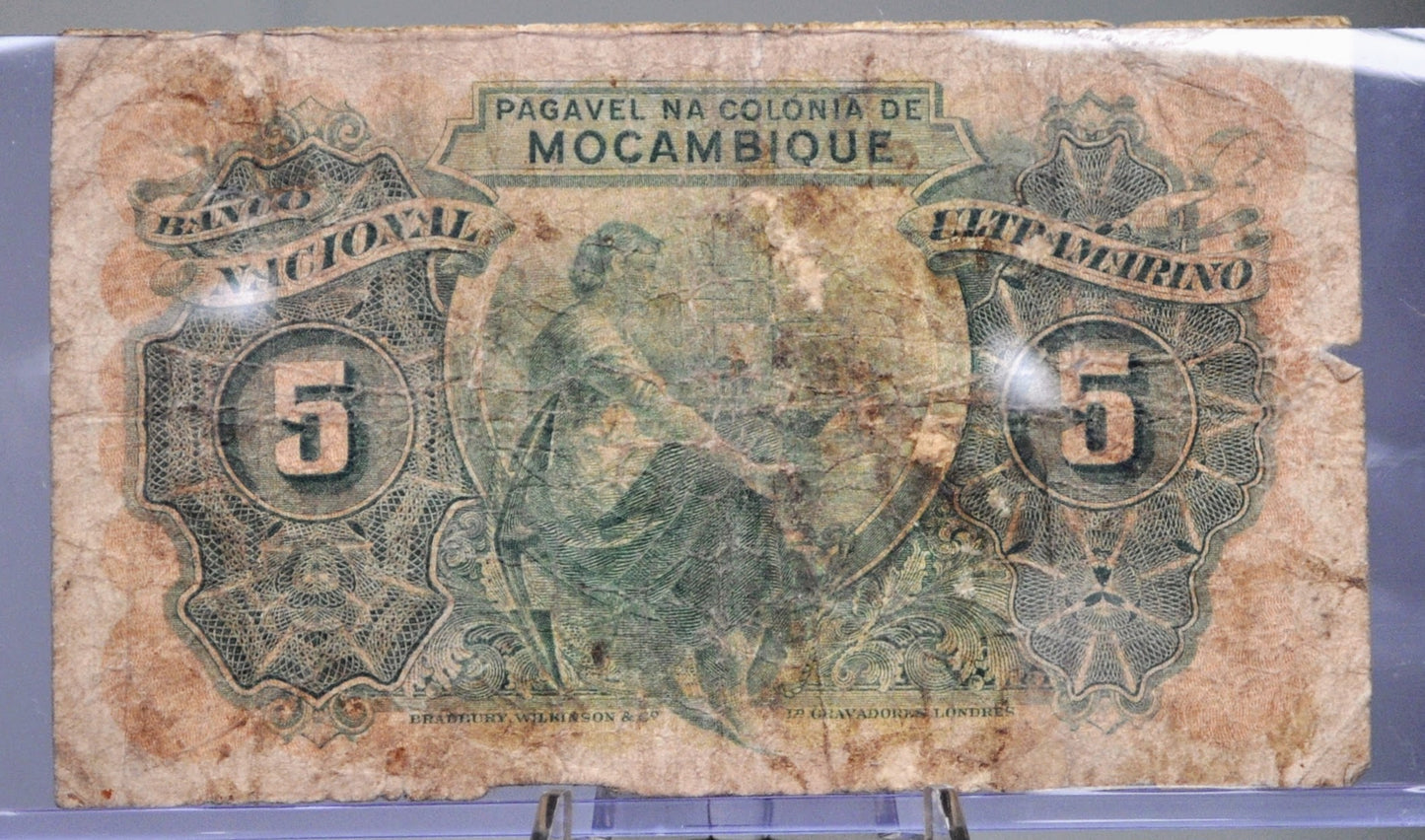1945 Portuguese Mozambique 5 Escudos Colonial Note - Rare Colonial Mocambique Note - 1945 Portugal Colony Five Escudos Note - P#94