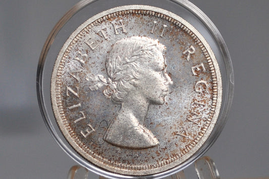 1958 South Africa Silver 5 Shilling - Choice BU, Toned - 50% Silver - Five Shilling Coin 1958 UK Issue South Africa