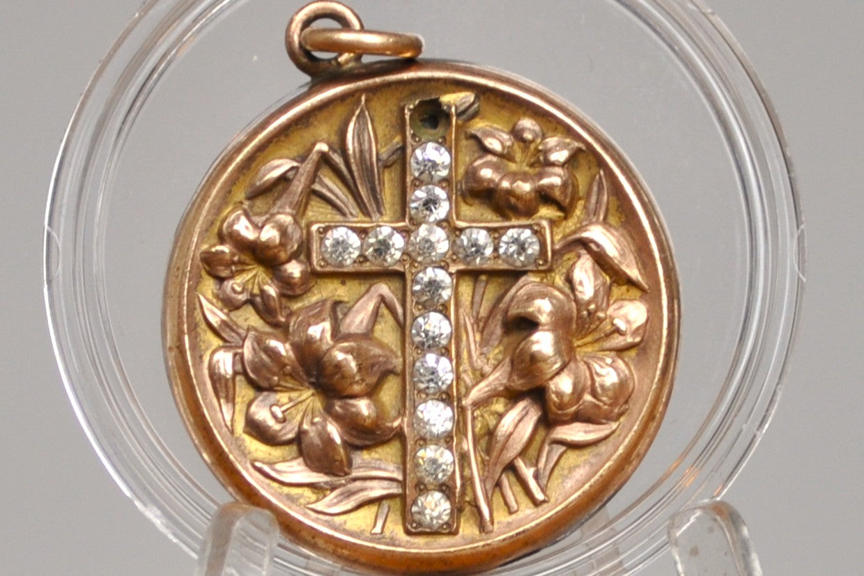 Gold Filled Lily Flower Cross Pendant - Tested Gold Filled - Crucifix/Cross Jewelry - Cubic Zirconia - Missing Piece