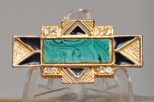 Vintage Gold Tone Art Deco Malachite Brooch - Studded Rhinestones - Uniquely Designed Geometric Brooch