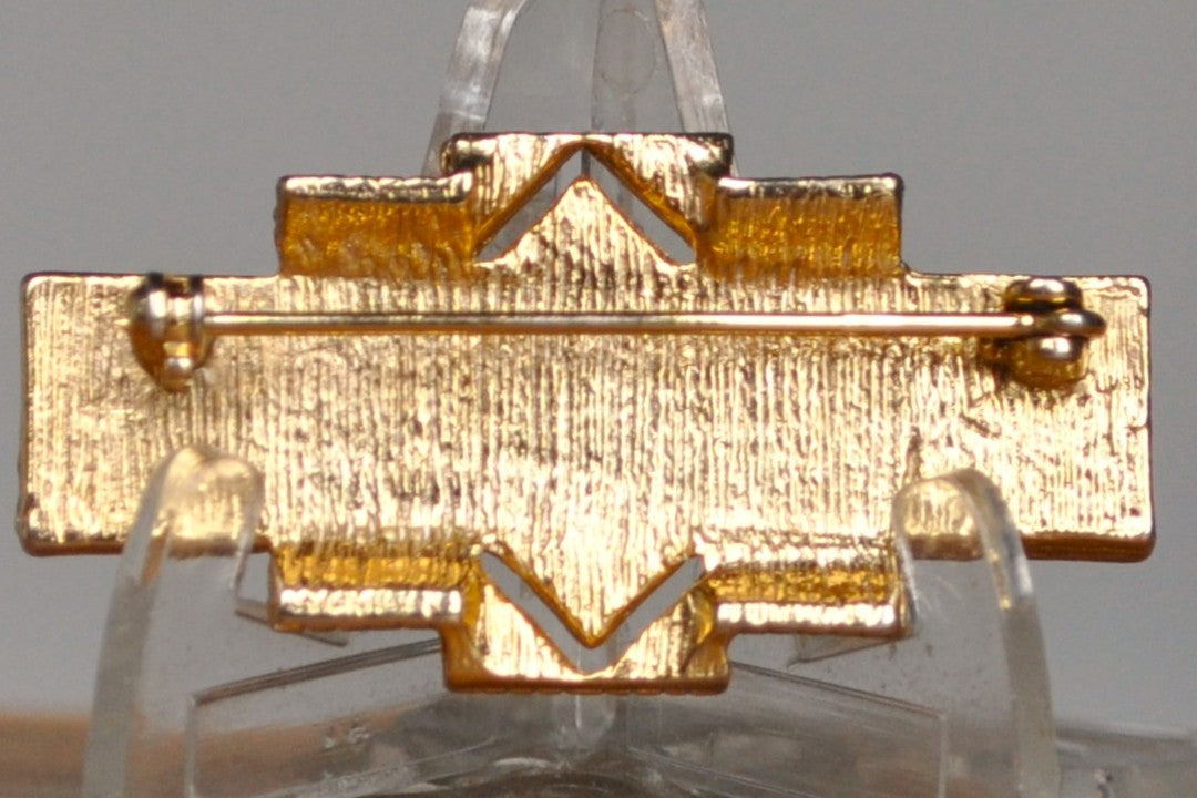 Vintage Gold Tone Art Deco Malachite Brooch - Studded Rhinestones - Uniquely Designed Geometric Brooch