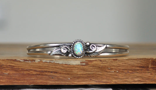 Sterling Silver Native Blue Fiery Opal Cuff  Bracelet - 2.25 In Wide, 1.75 In Height - Stamped and Tested Sterling Silver - Beautiful Opal Bracelet