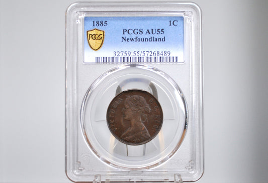 1885 Newfoundland One Cent - PCGS AU55 - Queen Victoria - One Cent Newfoundland 1885 Large Cent - Rarer Date, Low Mintage, High Grade