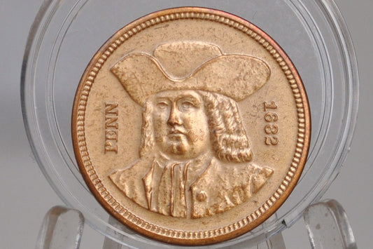 1882 William Penn Pennsylvania Bicentennial Medal - Pristine Condition - Bronze - US Mint Employees - 1882 US Mint Commemorative