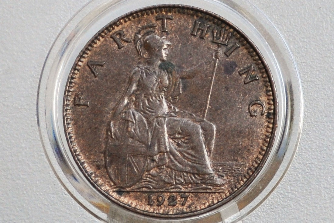 1927 Farthing Great Britain - Uncirculated, Lustrous Coin - UK 1 Farthing 1927 - British One Farthing 1927 - High Grade