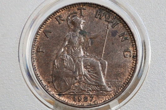 1927 Farthing Great Britain - Uncirculated, Lustrous Coin - UK 1 Farthing 1927 - British One Farthing 1927 - High Grade