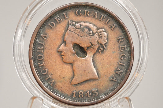 1843 New Brunswick One Penny Token - Great Detail, Dented - Queen Victoria, Young Head New Brunswick 1 Penny 1843 Large Cent 1843 Cent NB