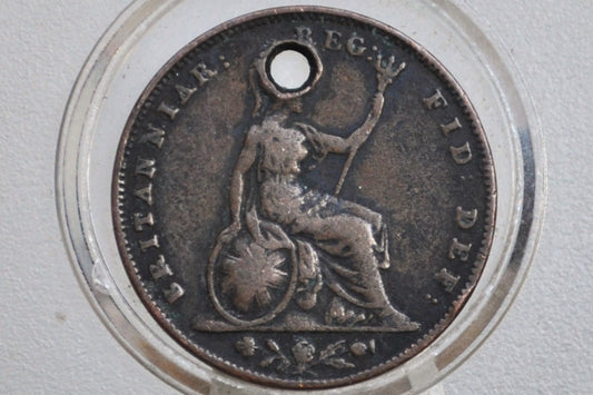 1847 Farthing Great Britain - Historic Coin, Great Detail, Holed - UK Farthing 1847