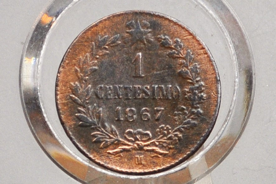 1867 Italian 1 Centesimo - About Uncirculated - 1867 1 Cent Coin Italy - Vittorio Emanuele II - Copper - 1867 1 Centesimo M