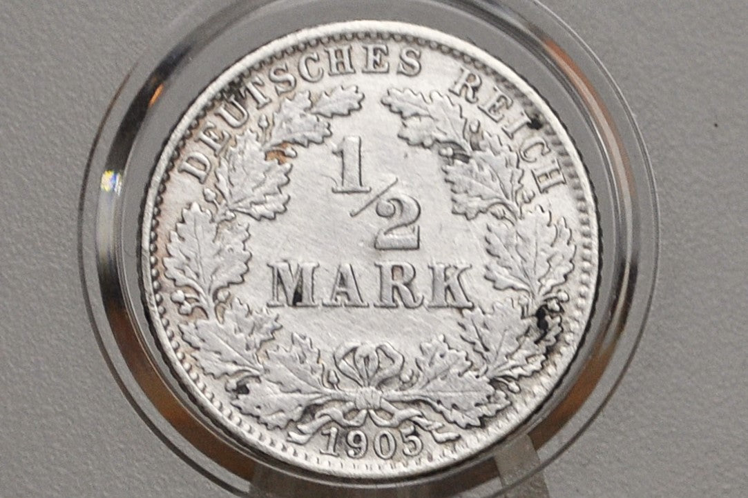 1905 German 1/2 Mark, J Mint Mark - AU Details - German Empire Silver One Half Mark 1905, Silver Half Mark 1905J, Great Coin