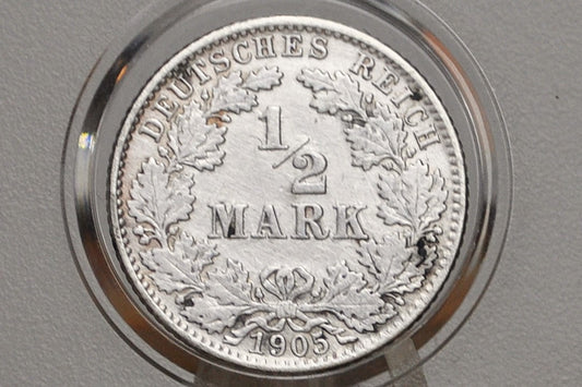 1905 German 1/2 Mark, J Mint Mark - AU Details - German Empire Silver One Half Mark 1905, Silver Half Mark 1905J, Great Coin