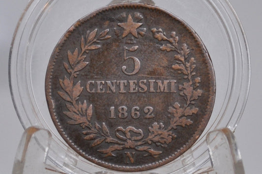 1862 Italian 5 Centesimo - Great Condition - 1862 Five Cent Coin Italy - Vittorio Emanuele II - Copper - 1862 5 Cent