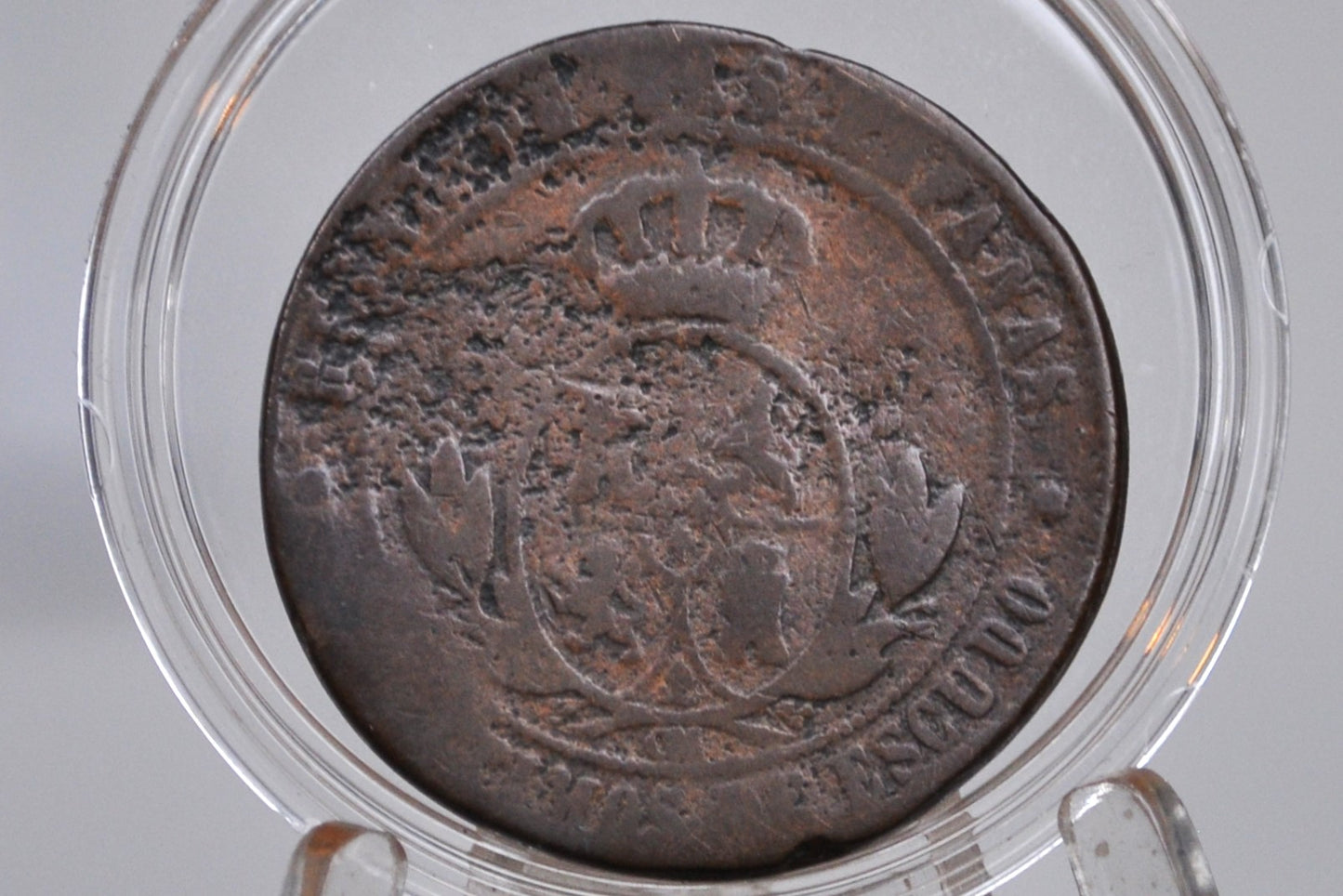 1867 Spanish 5 Centimos De Escudo - Worn, May be Shipwreck - Isabel II of Spain - Copper - Spain Isabel II Coin - 5 Cent Spain 1867