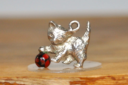 Silver and Enamel Kitten Playing with Ball Charm - Tested Sterling Silver - Playing Kitty Charm