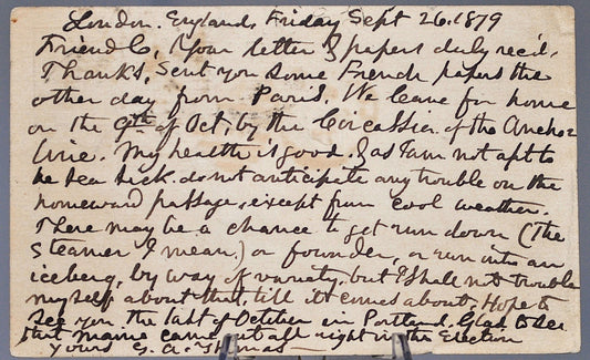 1879 Great Britian Prepaid Postcard with 1/2 Penny Rose Red Stamp - 1870 Rose Red Plate 5 Stamp - Victorian Britian London to Maine Postcard