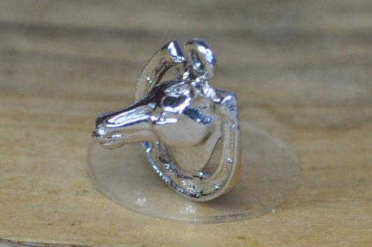 Silver Horse Head Poking Through Horseshoe Charm - Tested Sterling Silver - Good Luck Charm