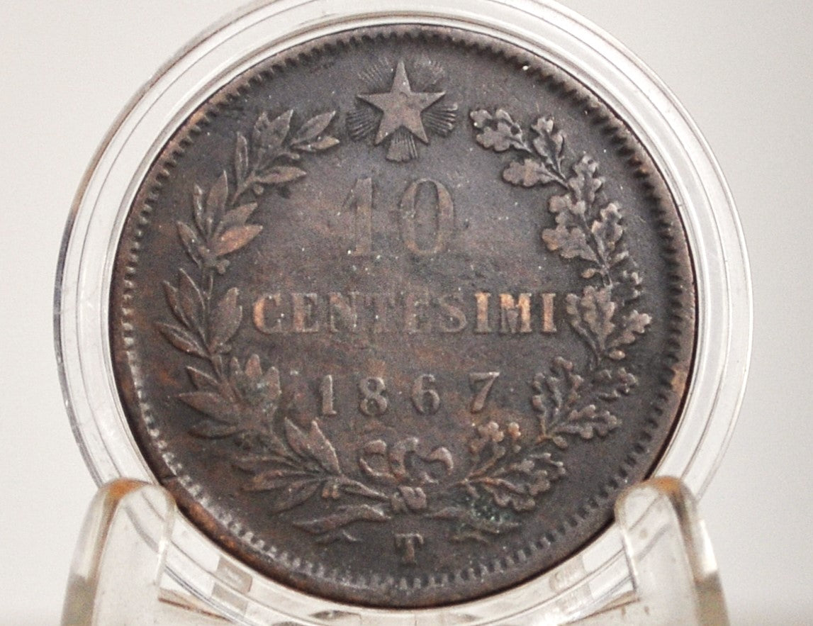 1867 Italian 10 Centesimi N - Great Condition (XF) - 1867 10 Cent Coin Italy - Vittorio Emanuele II - Copper - 1867T 10 Cent
