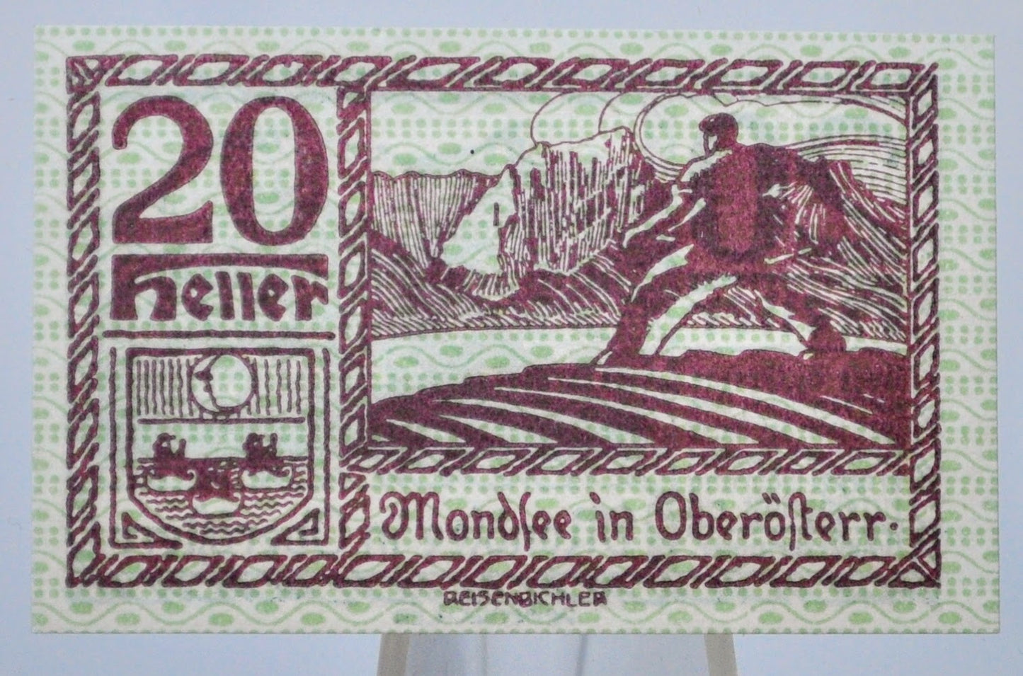 1920 Mondsee Upper Austria 20 Heller Notgeld - Rarer Green Print Type - Austrian Emergency Currency - 1920 Austria Twenty Heller Note