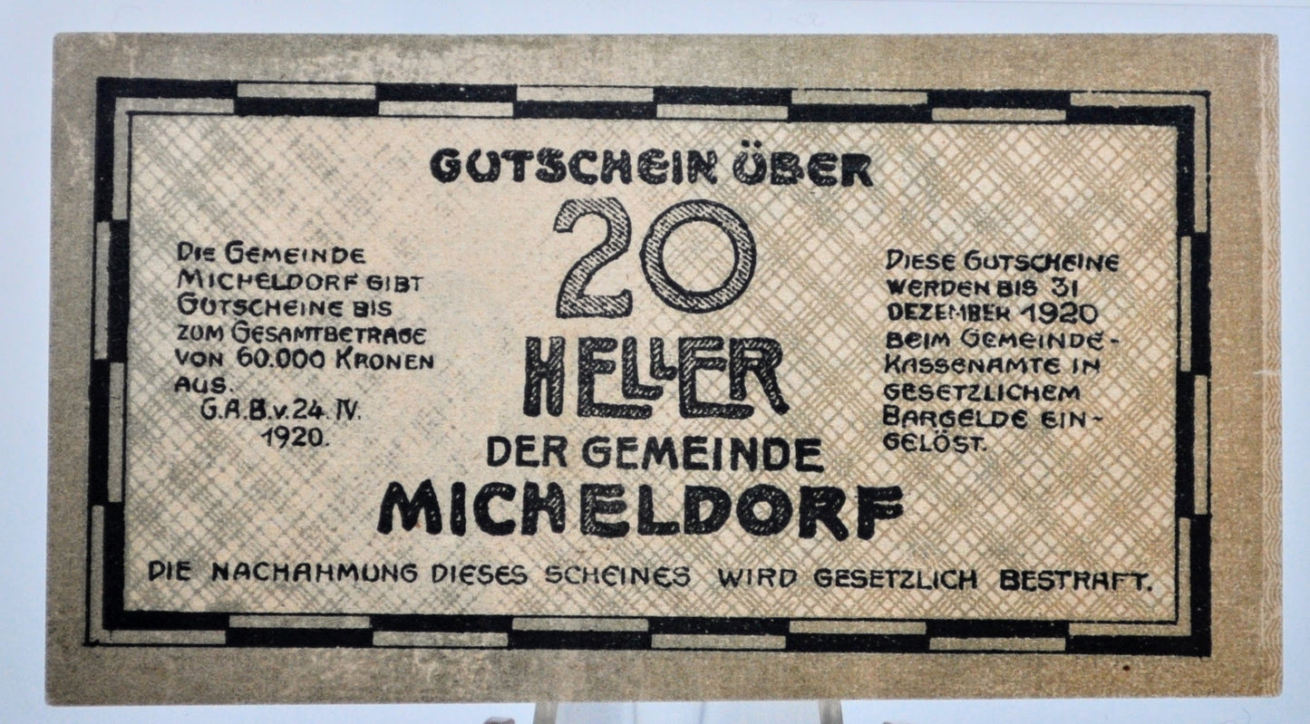 1920 Micheldorf Upper Austria 20 Heller Notgeld - Monument Note - Austrian Emergency Currency - 1920 Austria Twenty Heller Note