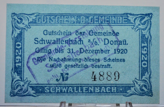 1920 Schwallenbach an der Donau Austria 80 Heller Notgeld - Reverse Stamp - Austrian Emergency Currency - 1920 Austria Eighty Heller Note