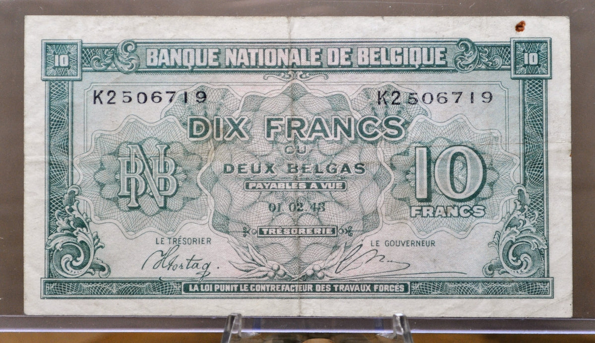 1943 National Bank of Belgium 10 Francs / 2 Belgas Note- WWII Era Note - 1943 Banque Nationale de Belgique Ten Francs/Two Belgas Note- P#122