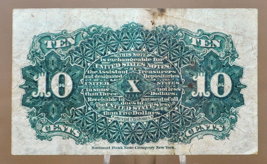 Authentic 1863 2nd Issue 10 Cent Fractional Error Note - Misalignment Error Fractional Note - 1863 US Fractional Ten Cents Note - Fr#1257
