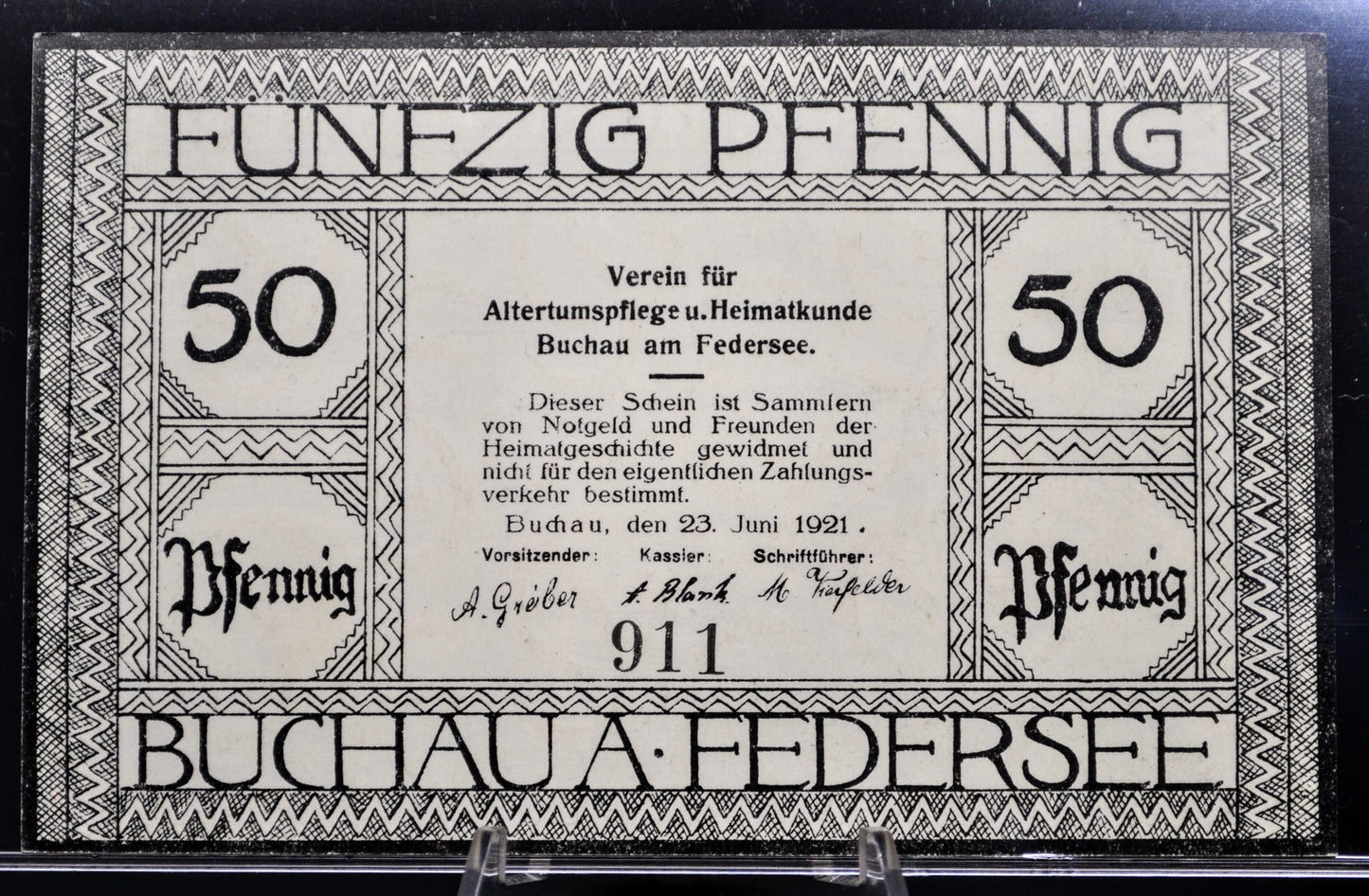 1921 Buchau am Federsee Germany 50 Pfennig Notgeld - Large Size Note - German Emergency Currency - Rarer 1921 German Fifty Pfennig Note